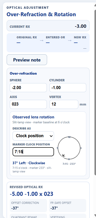 Optical adjustment entry with clock-position rotation