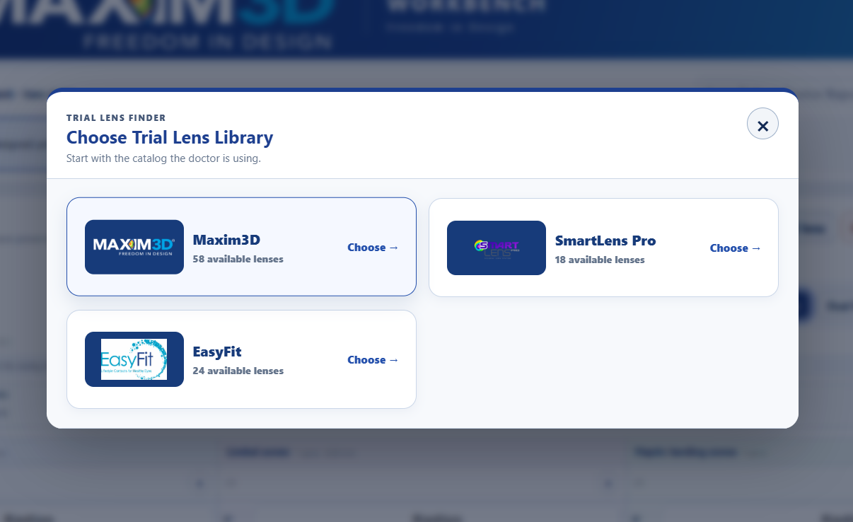Trial lens library selector for Maxim3D, SmartLens Pro, and EasyFit